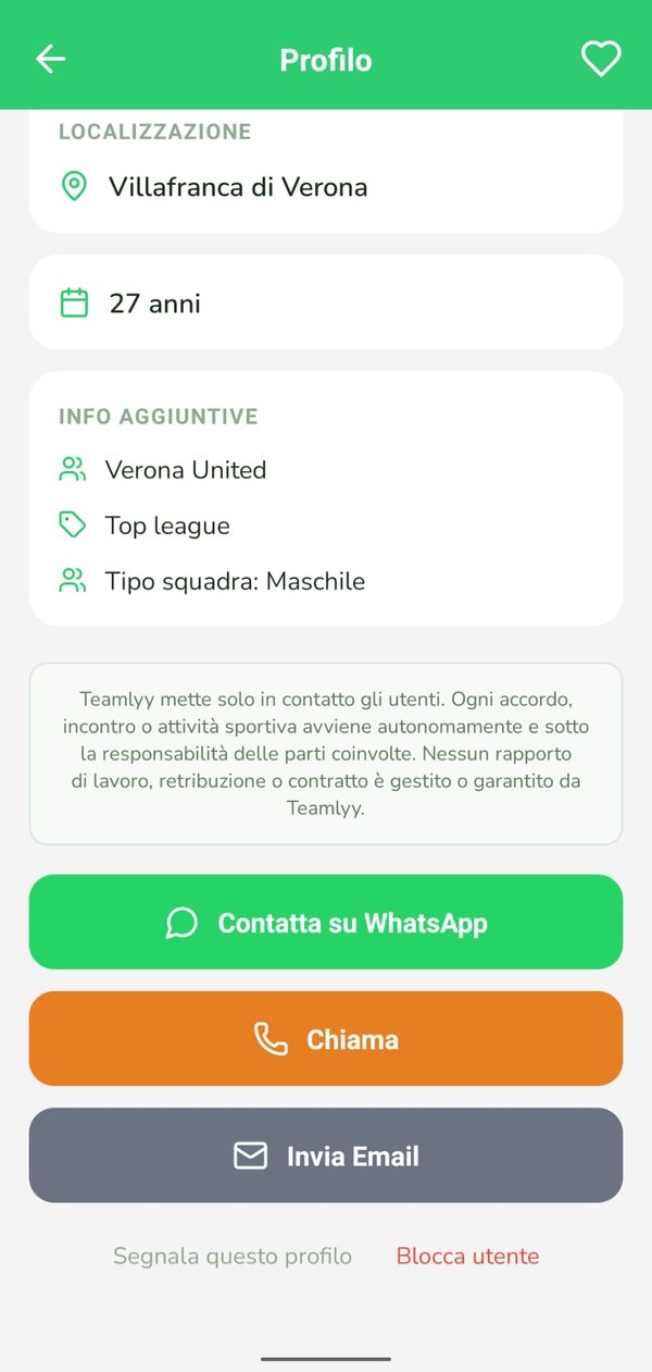 Profilo di una società con i pulsanti WhatsApp, Chiama ed Email e le opzioni per segnalare o bloccare