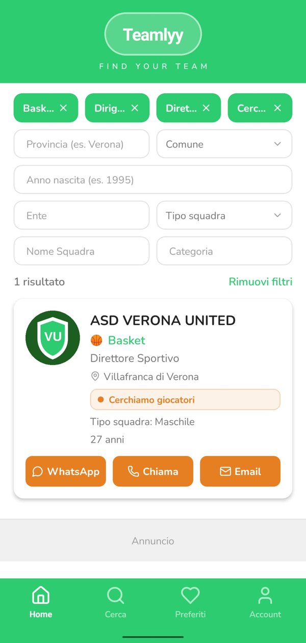 Schermata Cerca di Teamlyy con i filtri per sport, ruolo e zona e un risultato con i pulsanti di contatto